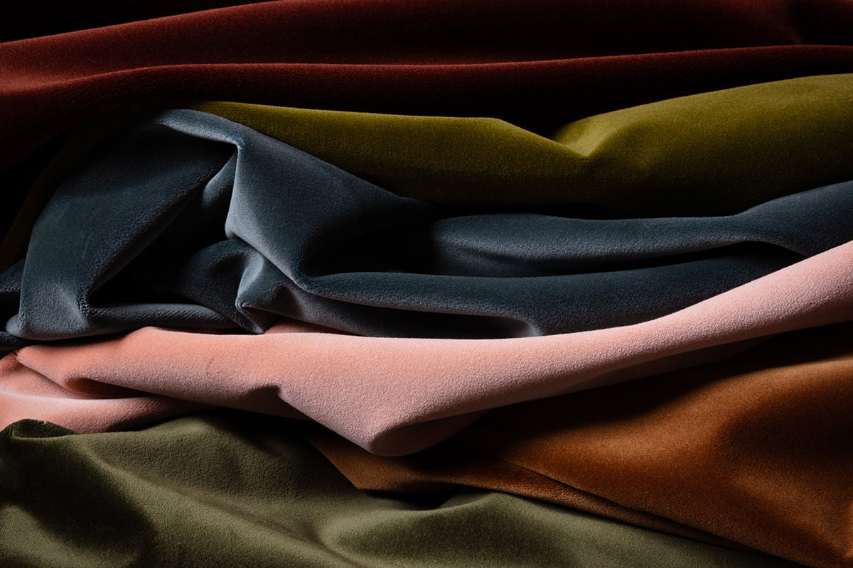 6 pieces of velvet fabric in red, olive green, blue, light pink, rust orange, and moss green